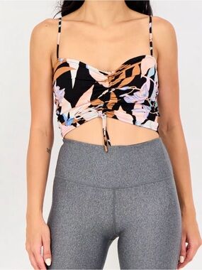 Billabong Black Floral Ruched Drawstring Crop Top with Pastel Accents
